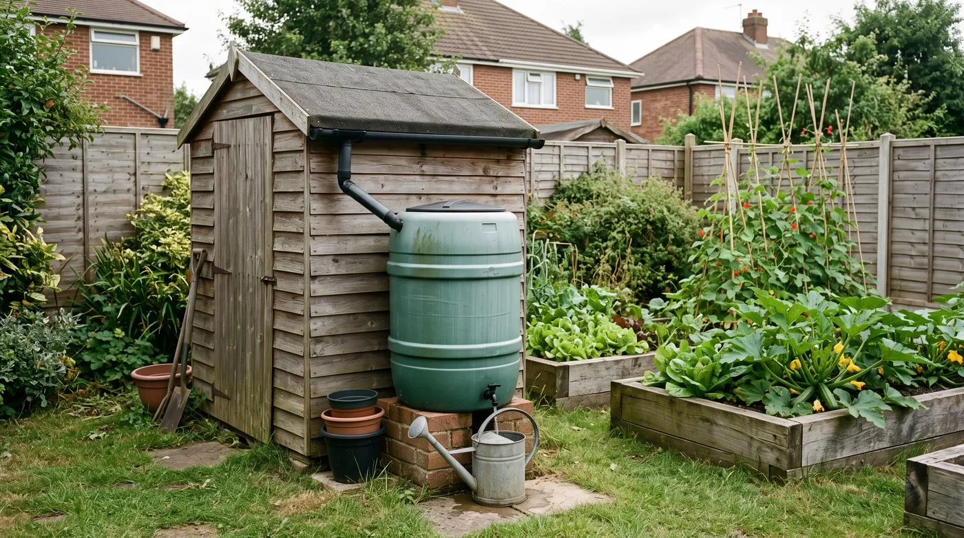 Watering can filling from a water butt beside a shed and raised vegetable beds in a back garden