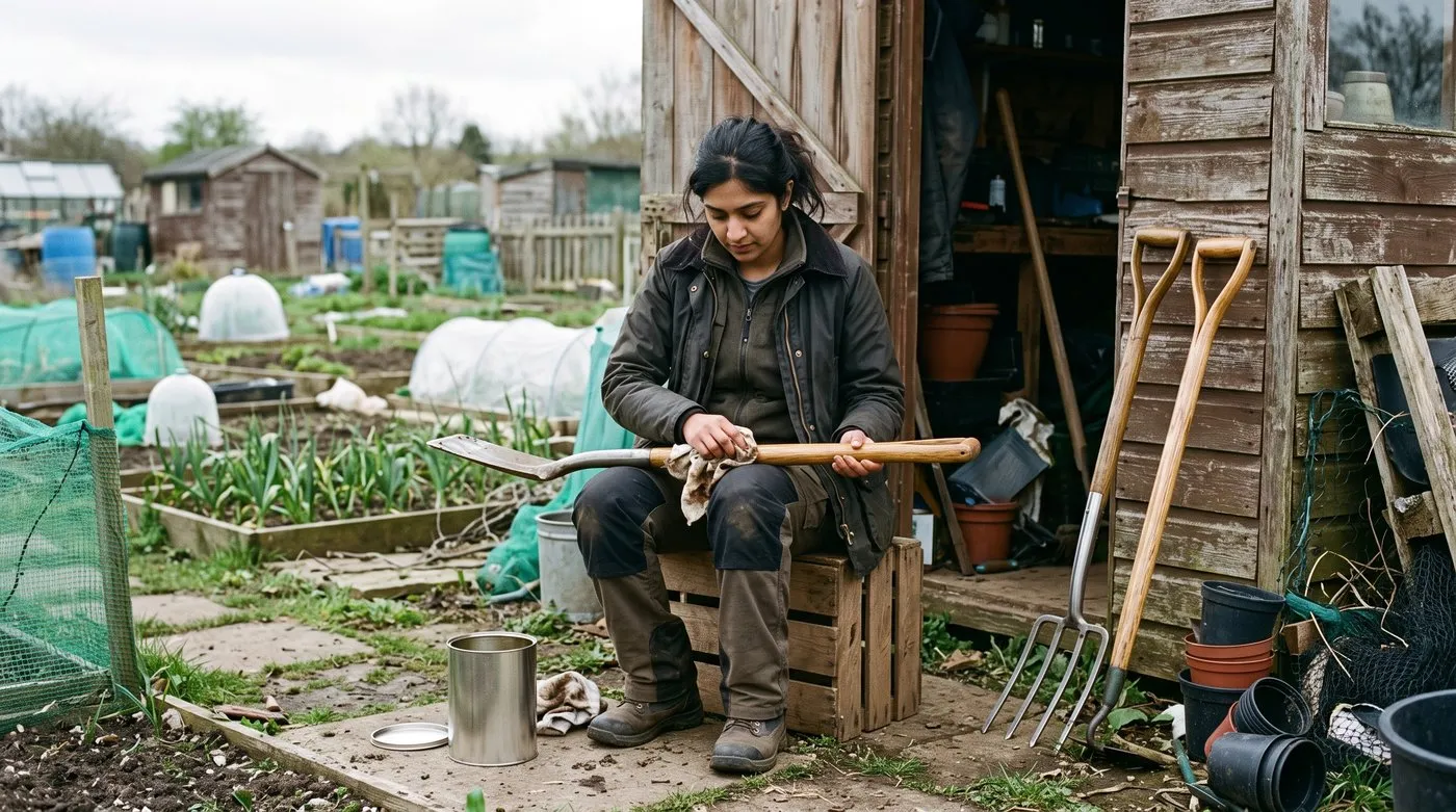 A woman rubbing linseed oil into a wooden spade handle outside an allotment shed