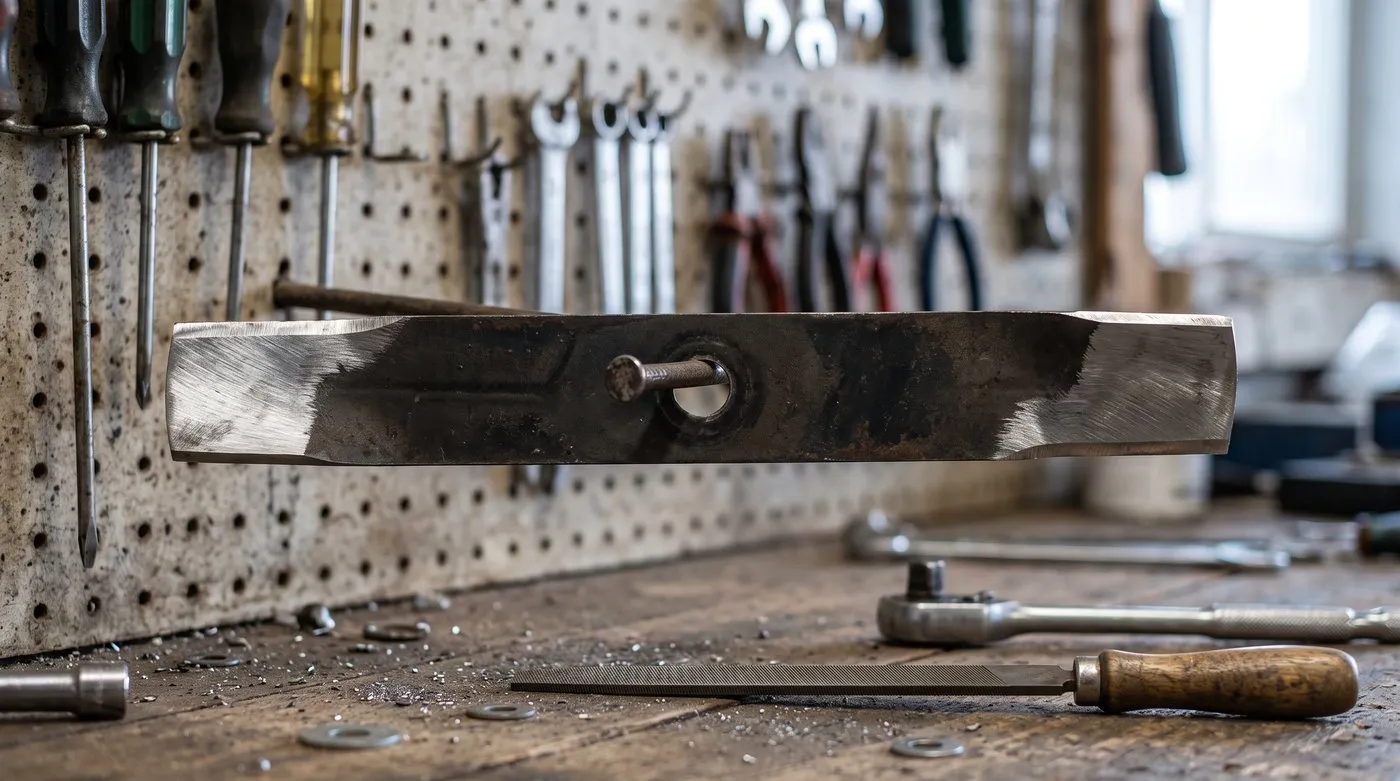 A sharpened rotary mower blade hanging on a nail to check that both ends balance