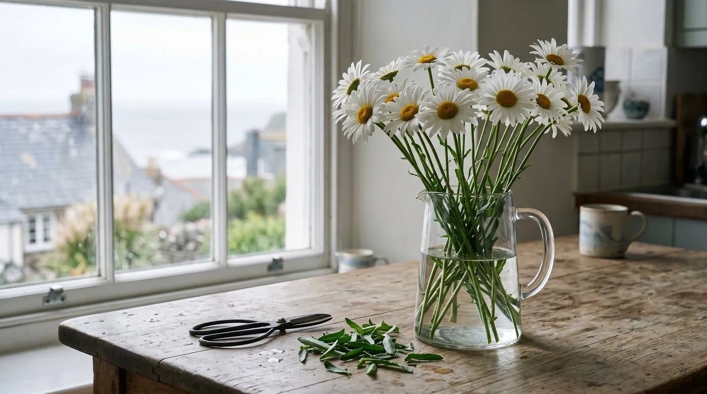 Glass jug of freshly cut white Shasta daisies on a kitchen table with snips and stripped leaves
