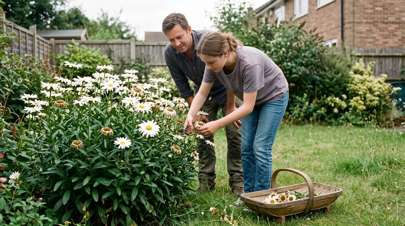 Girl pinching off a faded Shasta daisy head on a flowering clump in summer while her dad watches