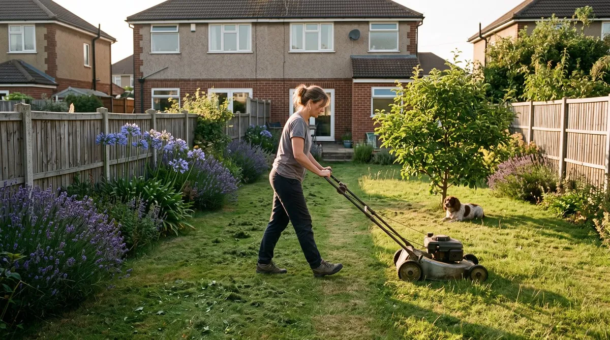 Woman mowing a green lawn on a high setting on a warm summer evening in a suburban back garden
