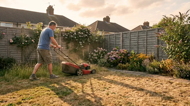 Person mowing a partly parched UK lawn with the mower set high during a summer heatwave at dusk