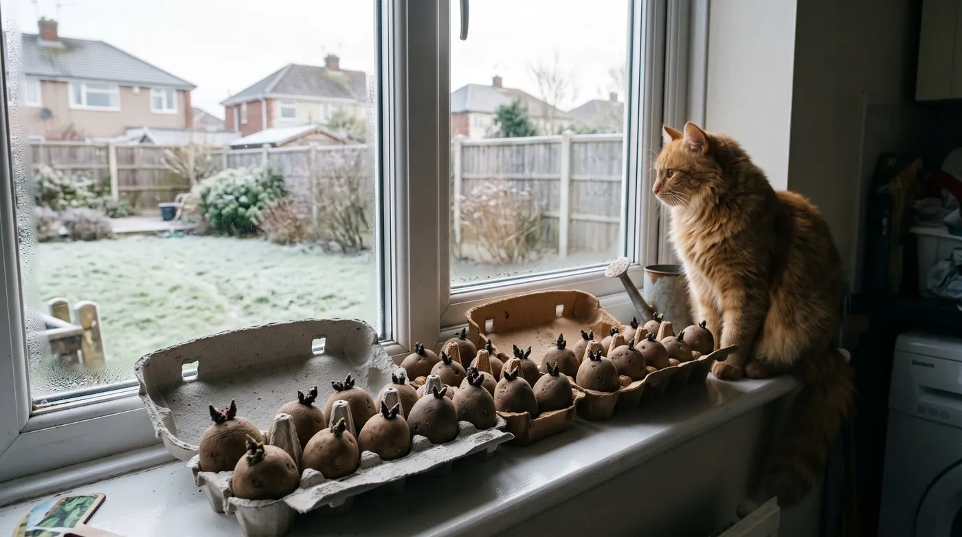 Seed potatoes chitting in egg boxes on a cool windowsill with short, sturdy shoots and a cat nearby