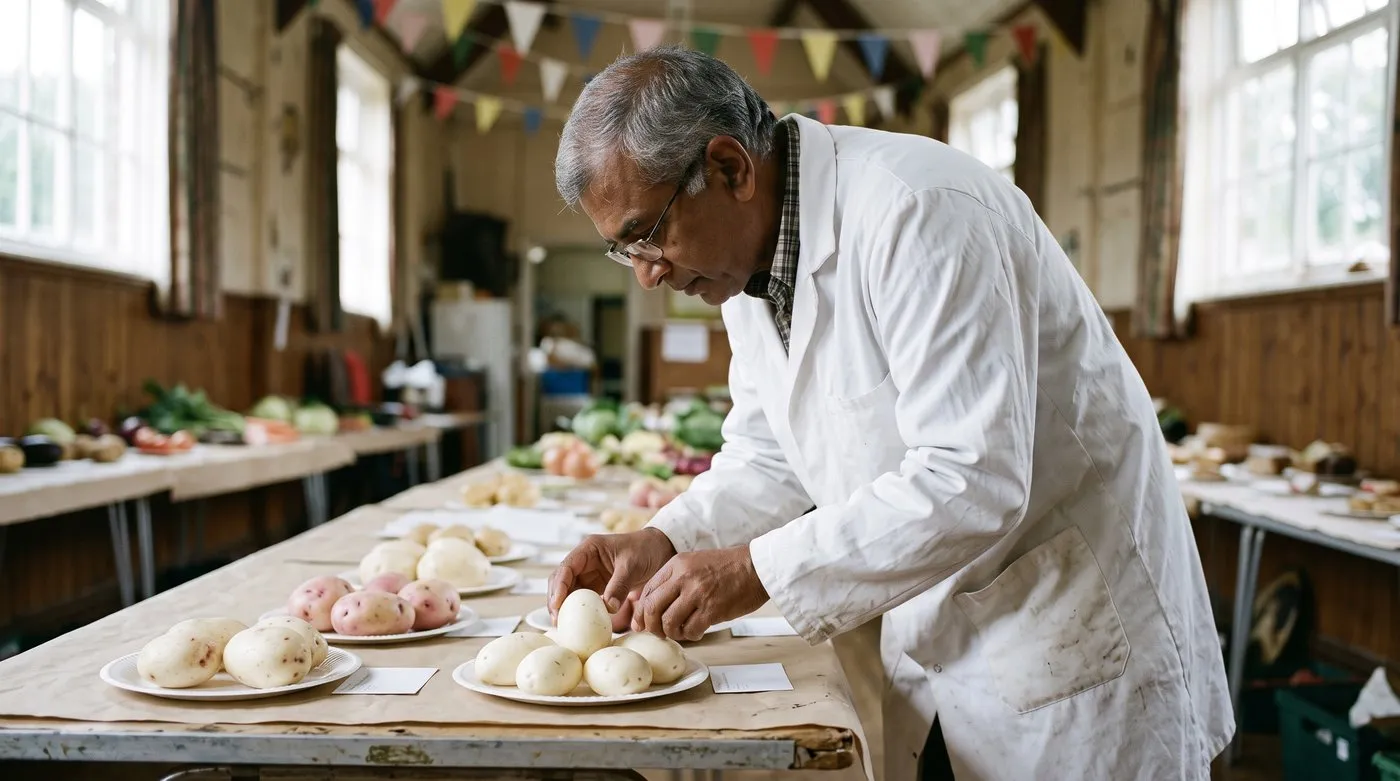 Show judge checking the skin and eyes of a plate of matched white potatoes at a village show