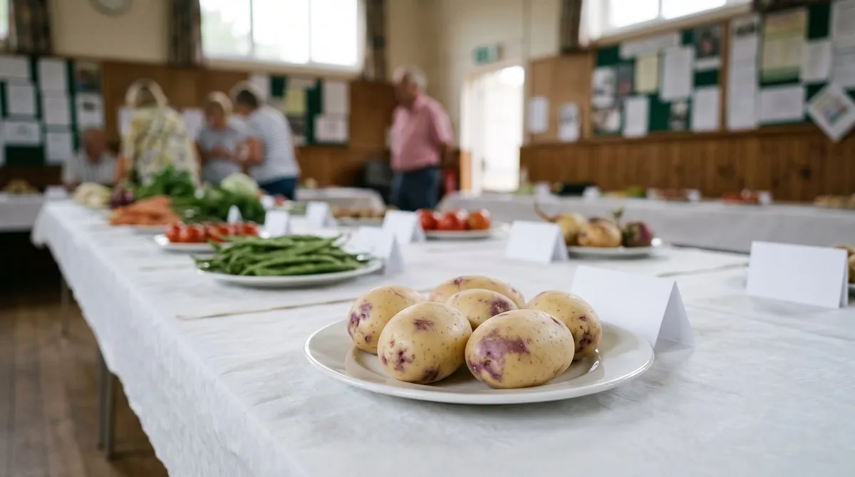 Plate of five matched cream and purple show potatoes on a village show table