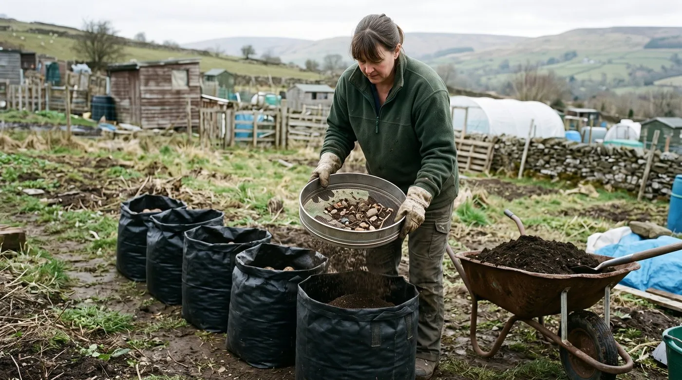 Gardener sieving compost through a riddle into large potato growing bags on an allotment