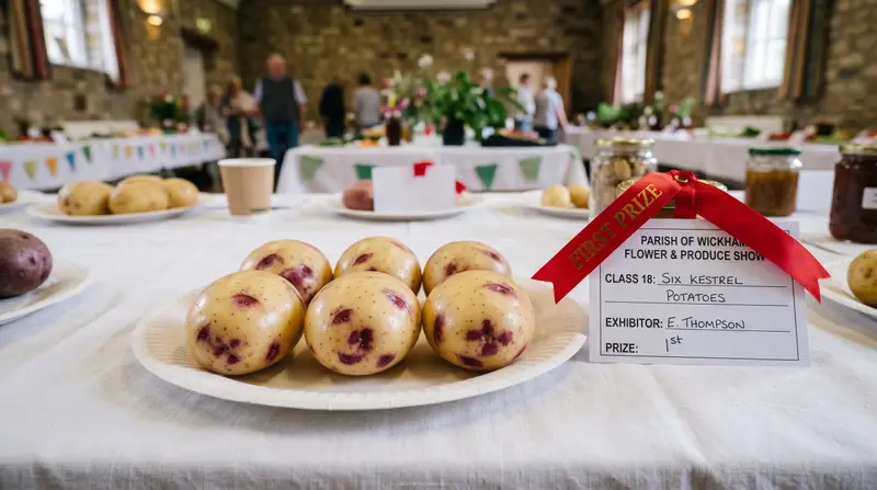 UK village hall show display with a plate of six perfect uniform Kestrel show potatoes - oval, white-skinned with purple eyes