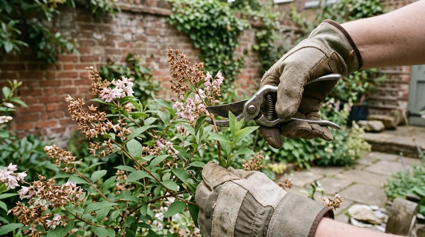 Gloved hands cutting a faded deutzia stem back to a young green side shoot in early summer