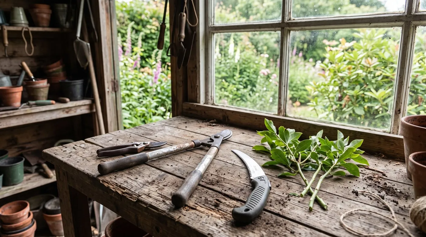 Bypass secateurs, loppers and a folding pruning saw on a wooden potting bench with cut shrub stems