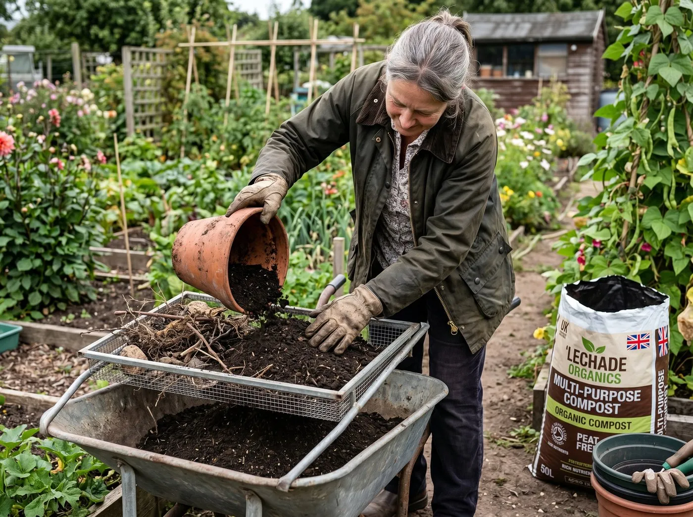 UK gardener emptying a pot of spent compost onto a sieve over a wheelbarrow, dark crumbly compost being pushed through a 10mm garden riddle with old roots and crumbs of cardboard being held back, fresh compost bag waiting beside