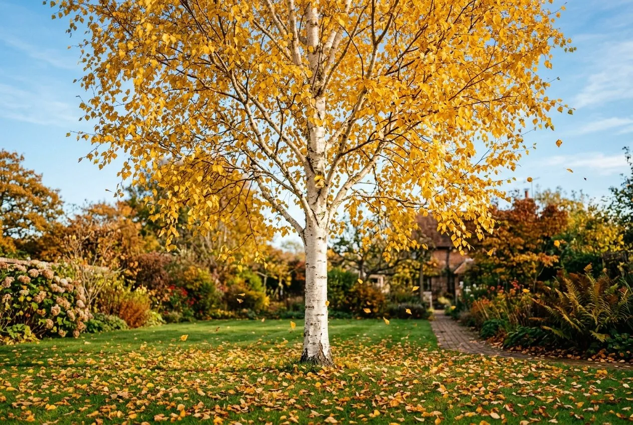 Silver birch autumn colour with golden yellow leaves against blue sky in a UK garden