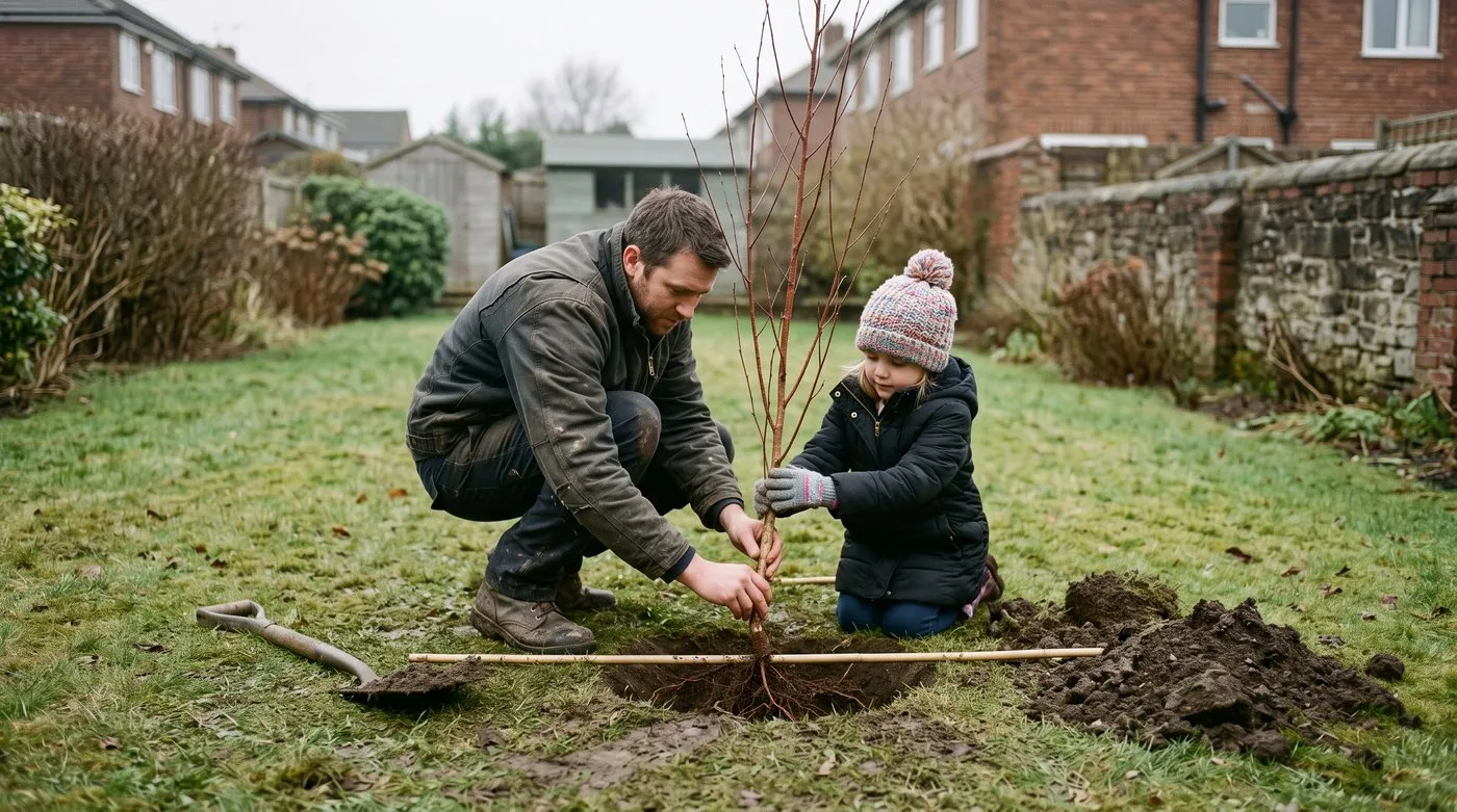 Father and daughter planting a bare-root silver birch with a cane across the hole