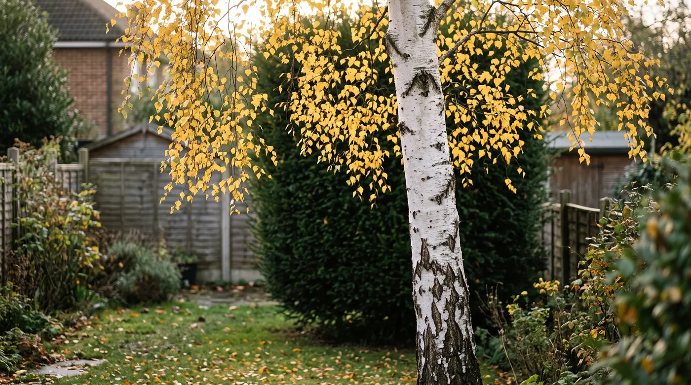 Silver birch with golden autumn leaves backlit against a dark yew hedge