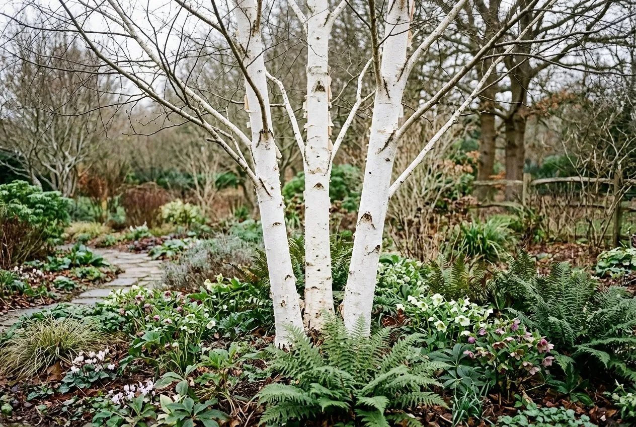 Silver birch multi-stem specimen planting in a UK garden with white bark centre piece
