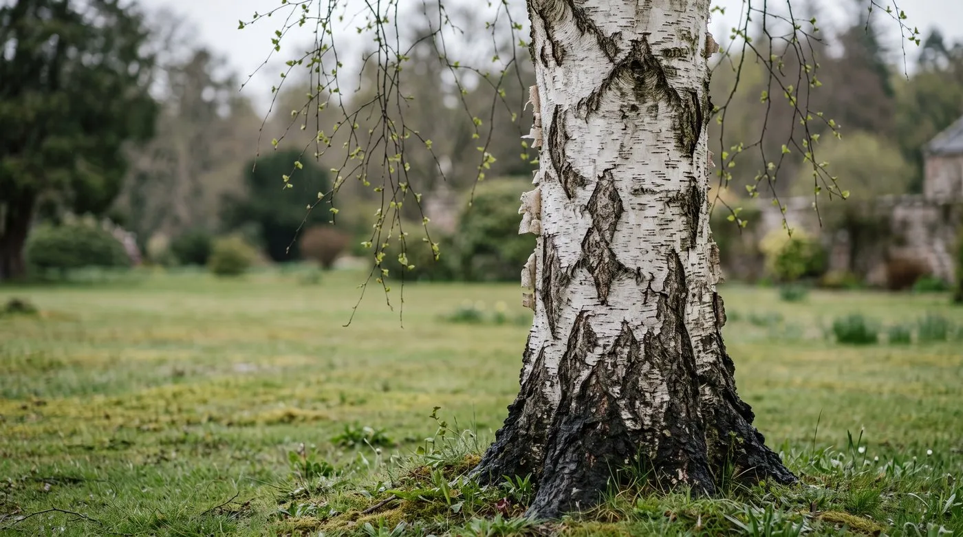 Native silver birch trunk with white peeling bark and dark diamond cracks at the base