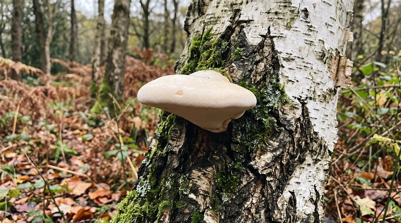 Pale kidney-shaped birch polypore bracket fungus growing on a birch trunk