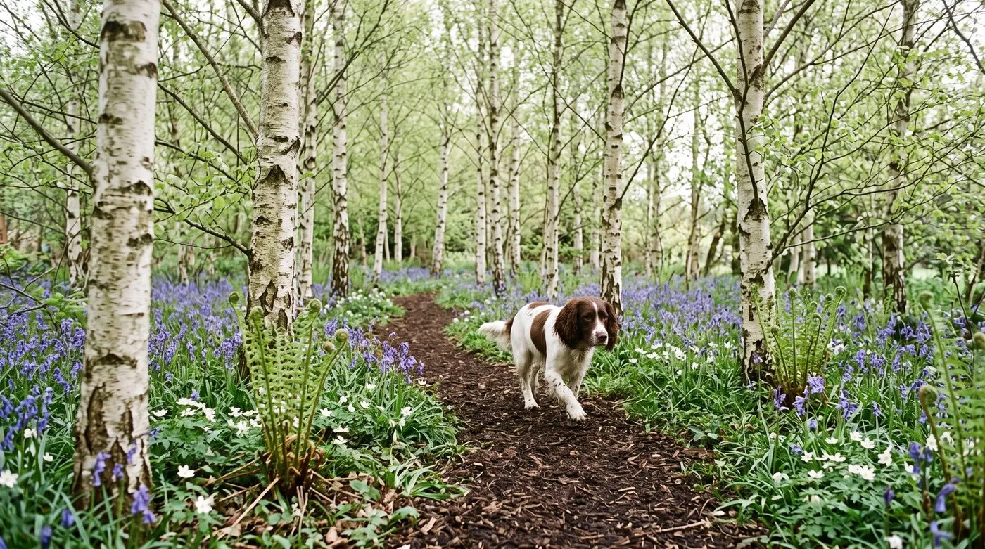 Silver birches underplanted with bluebells, ferns and wood anemones, a spaniel on the path