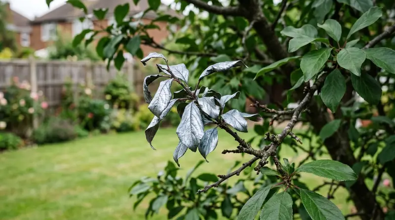 A single plum branch with silvery metallic-sheened leaves of silver leaf disease against healthy green foliage in a UK garden