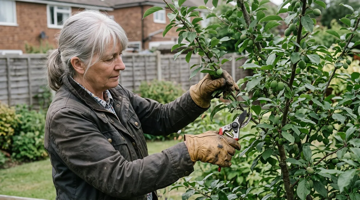 Gardener pruning a leafy plum tree with secateurs in June