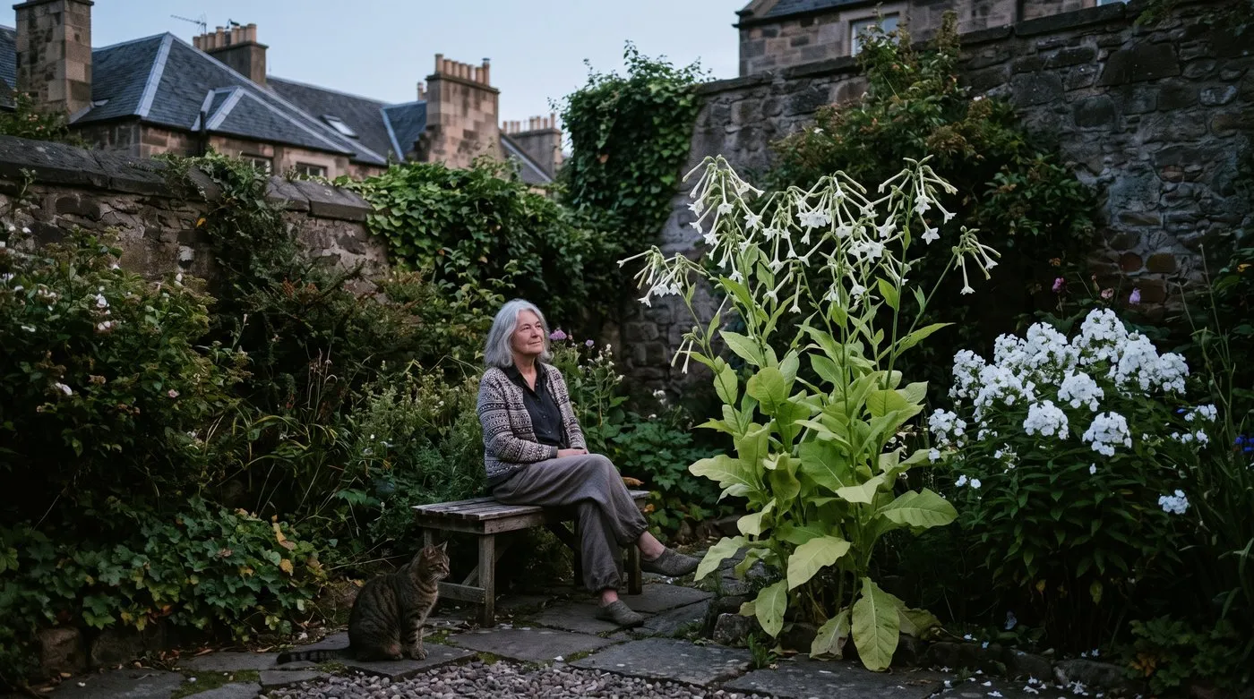 Woman on a bench at dusk beside tall white Nicotiana sylvestris and phlox, with a tabby cat on the path