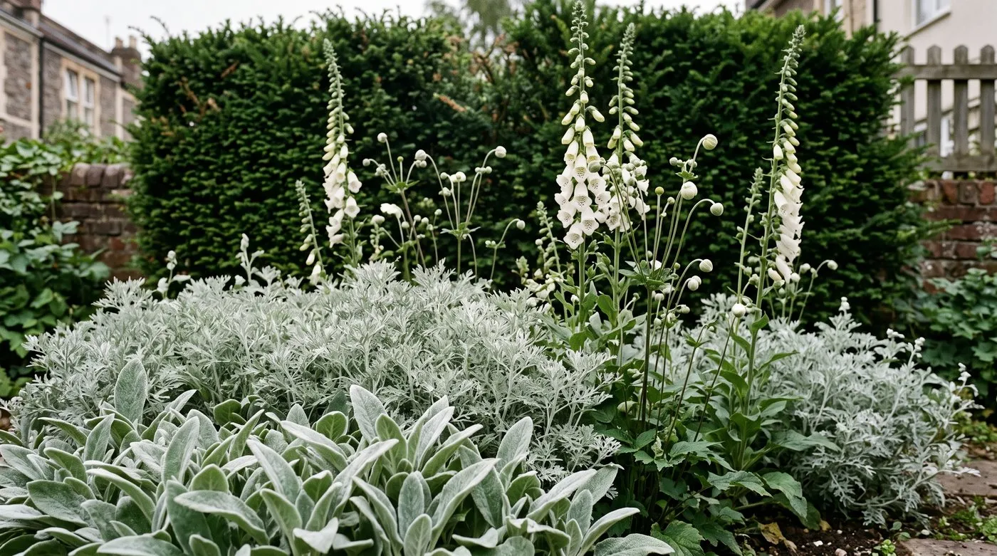 White border with silver lamb's ears and artemisia in front of white foxgloves and a dark yew hedge