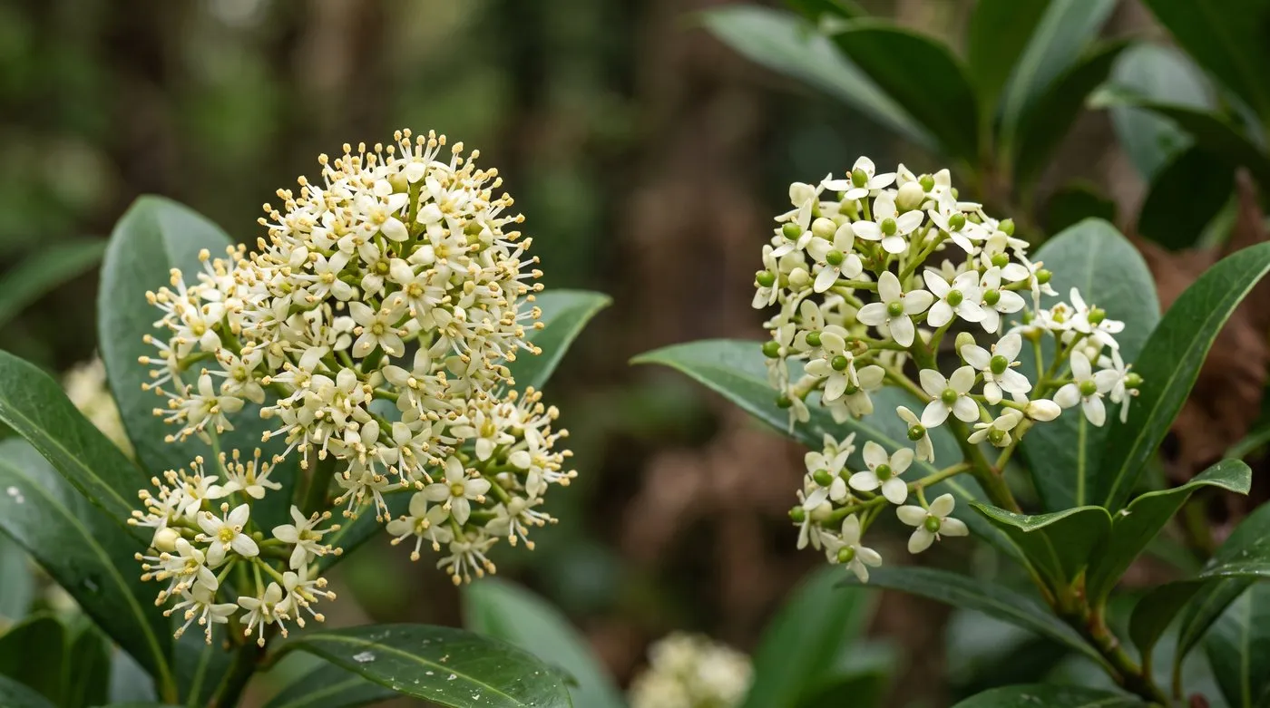Skimmia male flowers with yellow stamens beside female flowers with small green centres