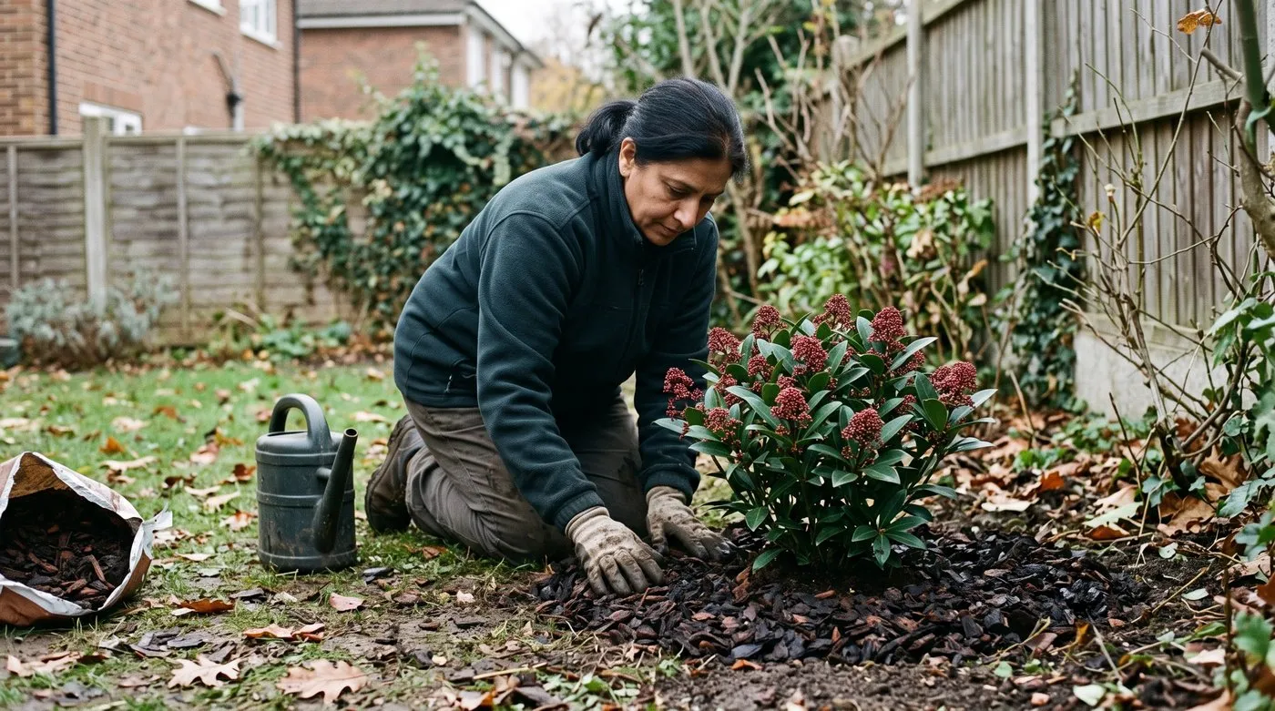 Gardener spreading bark mulch around a newly planted skimmia in a shady suburban border