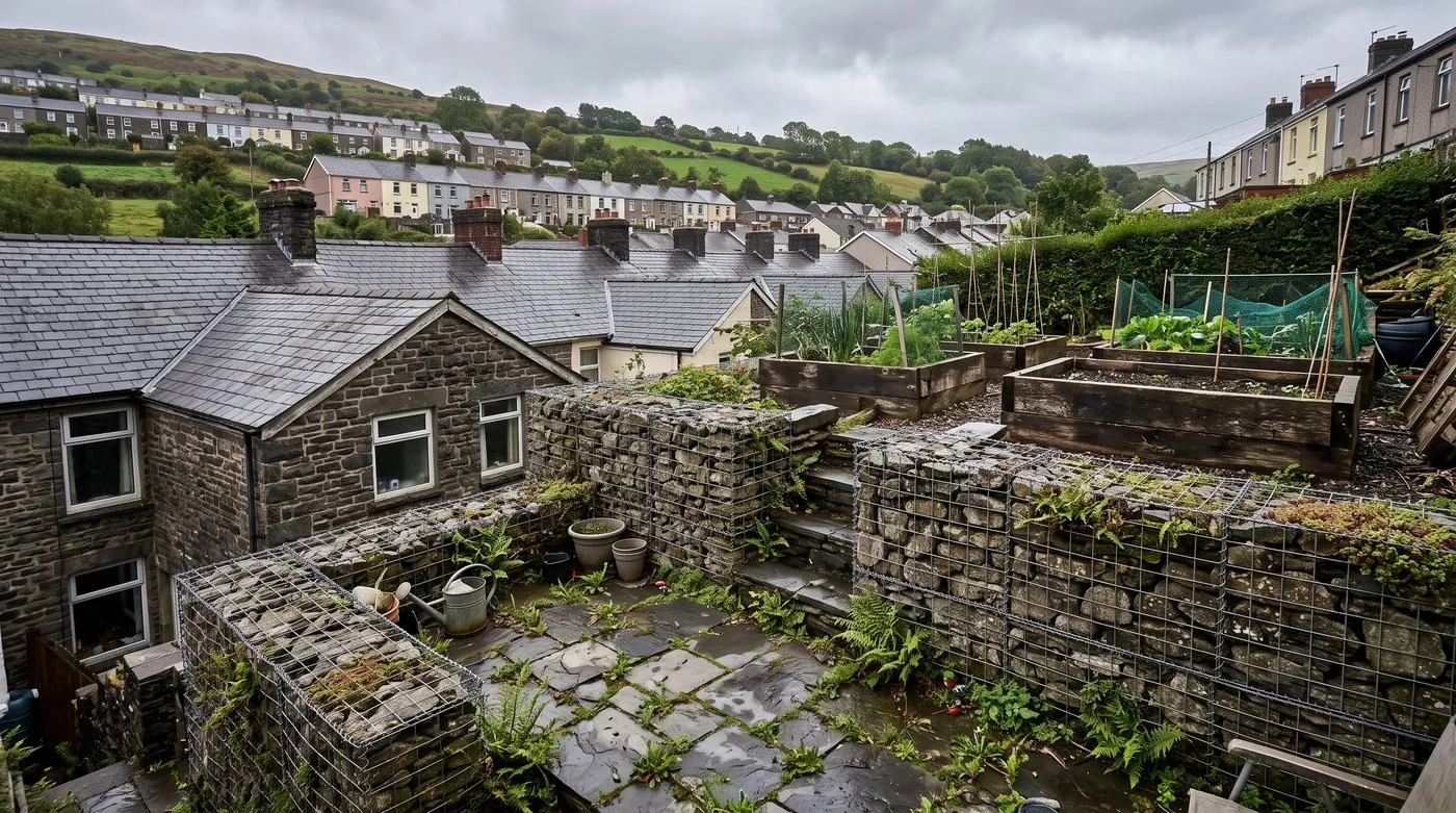 Gabion basket walls holding level terraces on a steep garden behind a Welsh terraced house