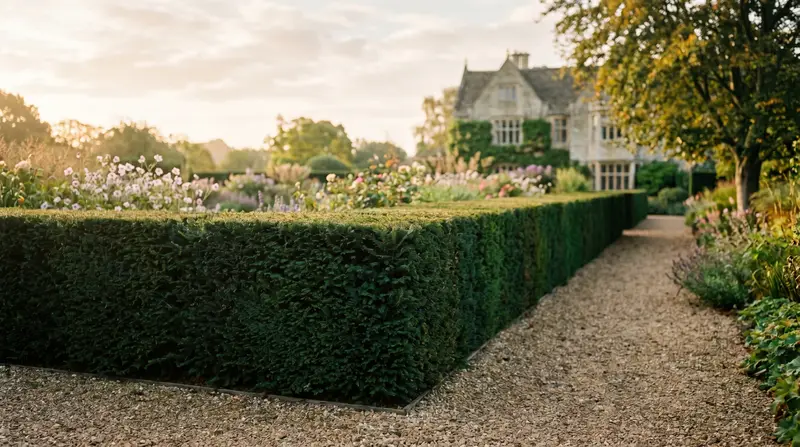 Clipped slow-growing yew hedge with crisp edges in a formal UK garden in soft morning light