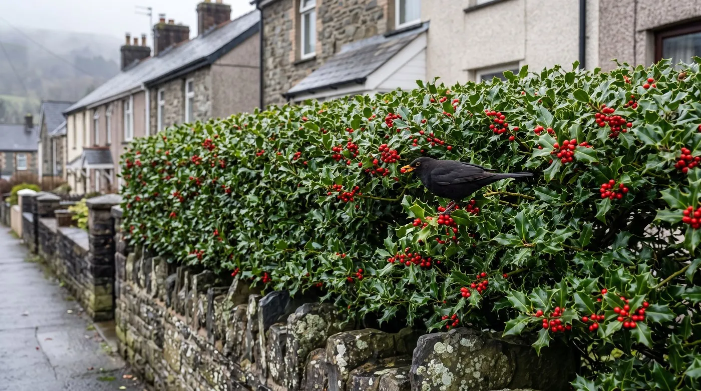 Clipped holly hedge with glossy spiny leaves and red berries, with a blackbird feeding on the berries