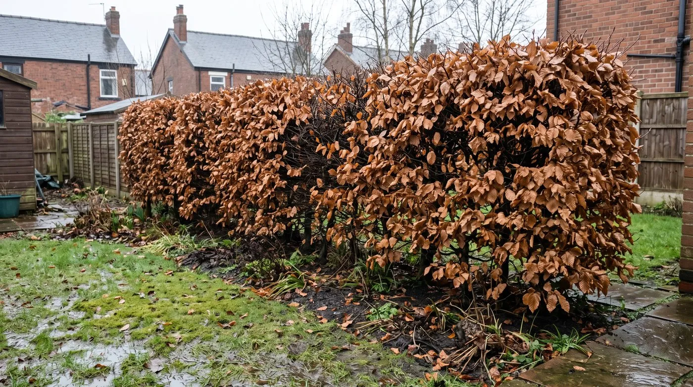 Clipped hornbeam hedge holding its dry brown leaves in winter beside a damp lawn