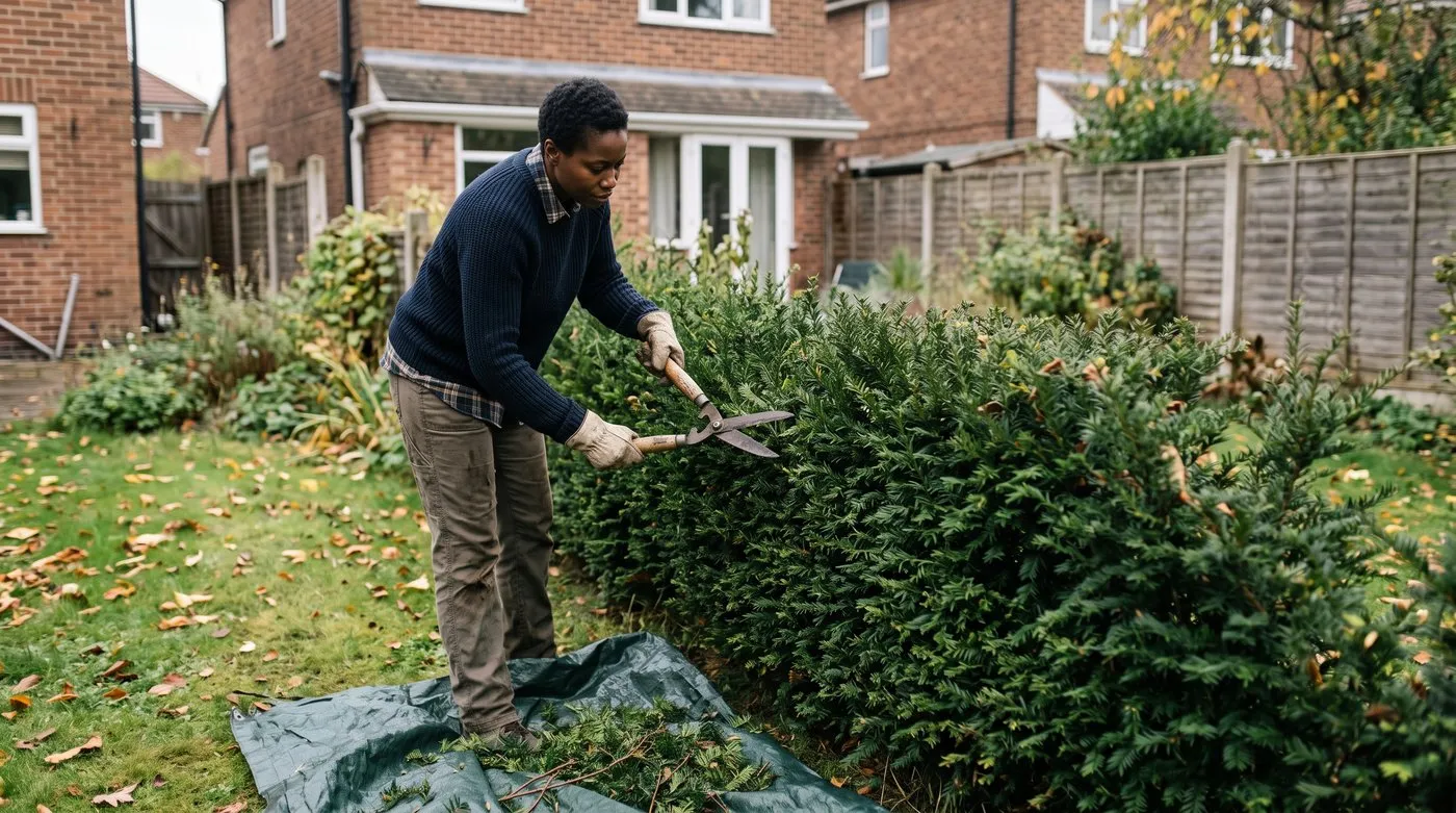 Gardener trimming a young yew hedge with hand shears in early autumn, clippings on a sheet