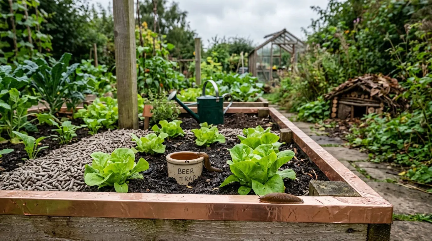 A garden bed with multiple slug control methods including copper tape on raised beds and nematode application