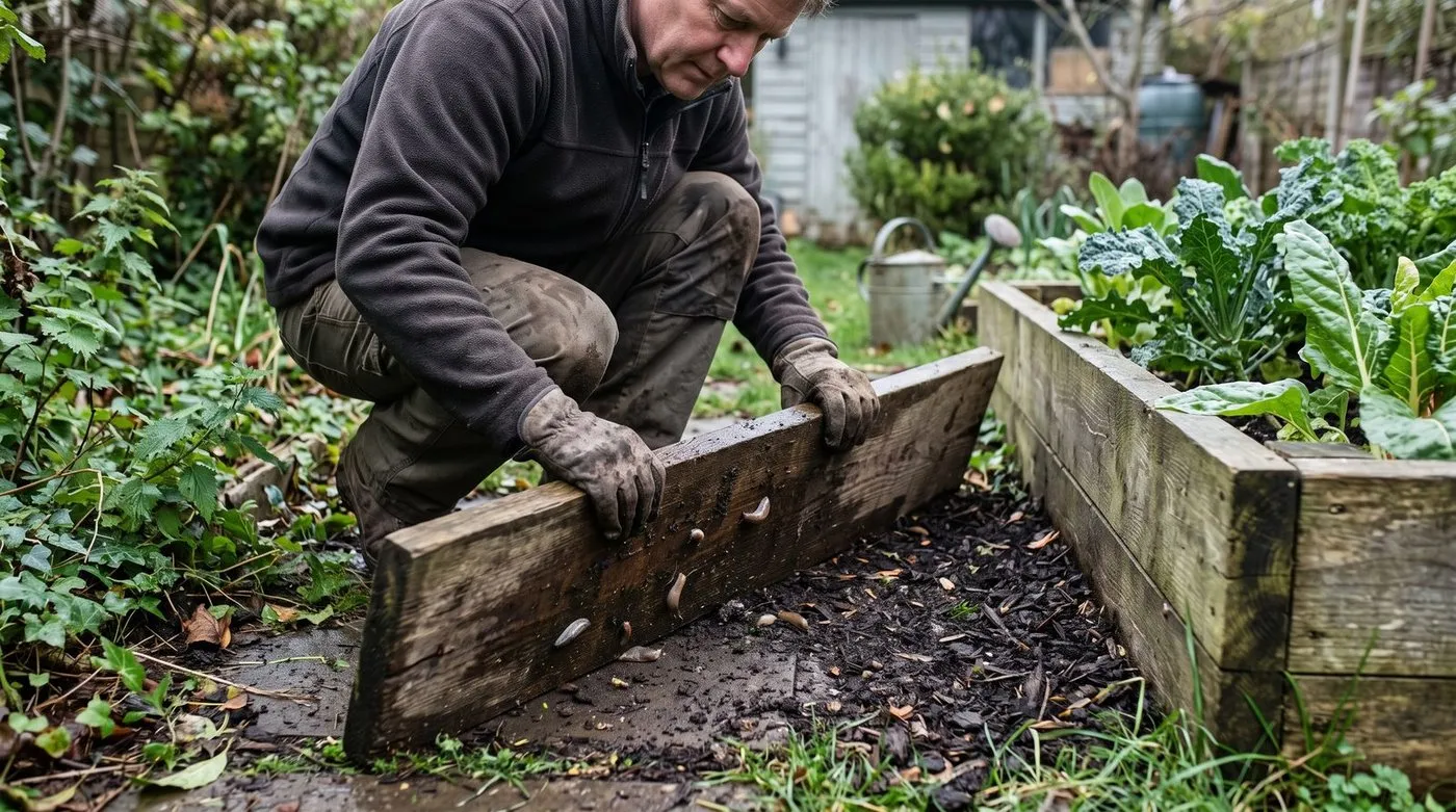 Checking a slug trap board beside a raised bed in the morning