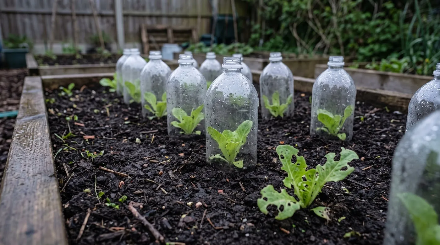 Lettuce seedlings protected from slugs by clear cut-off plastic bottle cloches in a raised bed