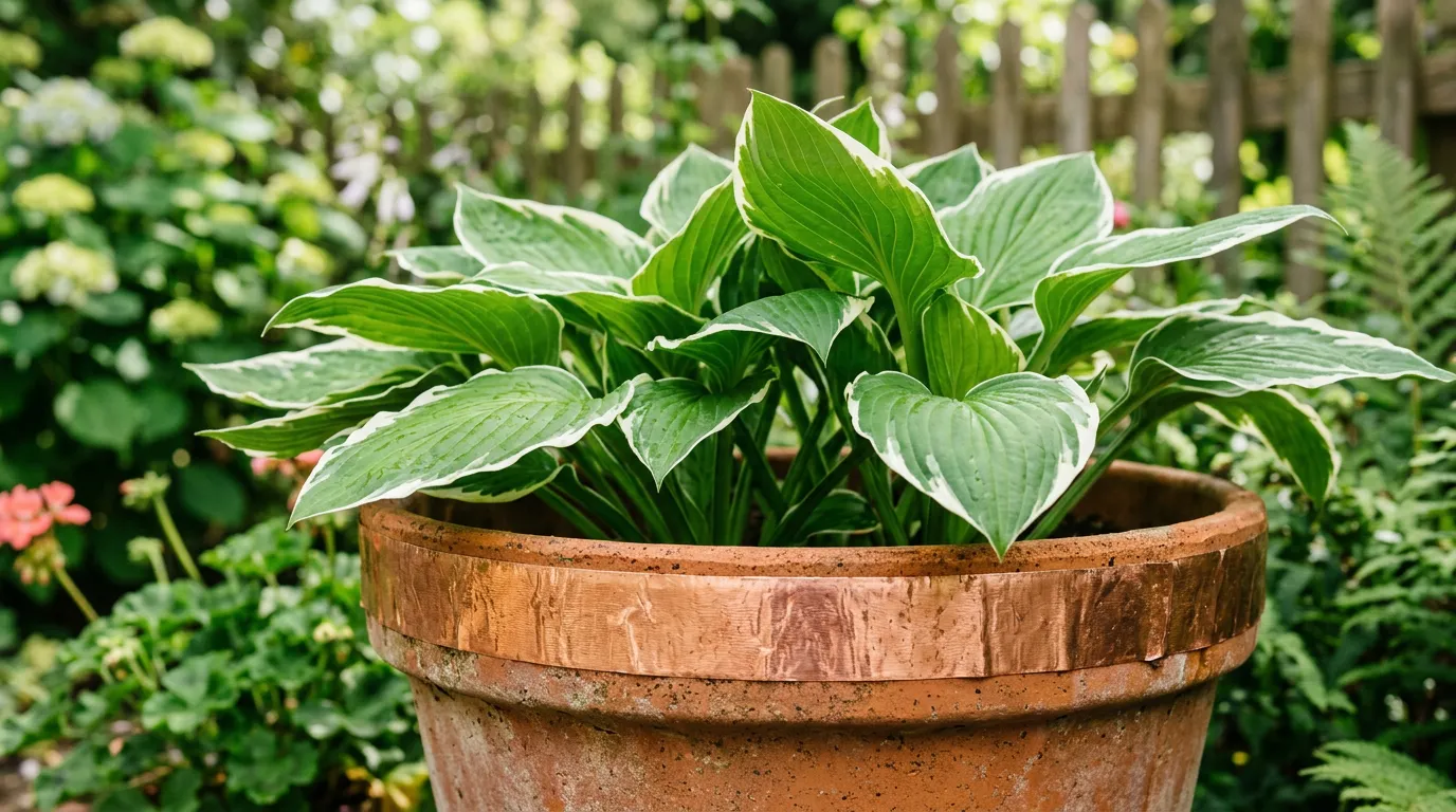 Close-up of copper tape around the rim of a terracotta pot containing a hosta with clean undamaged leaves