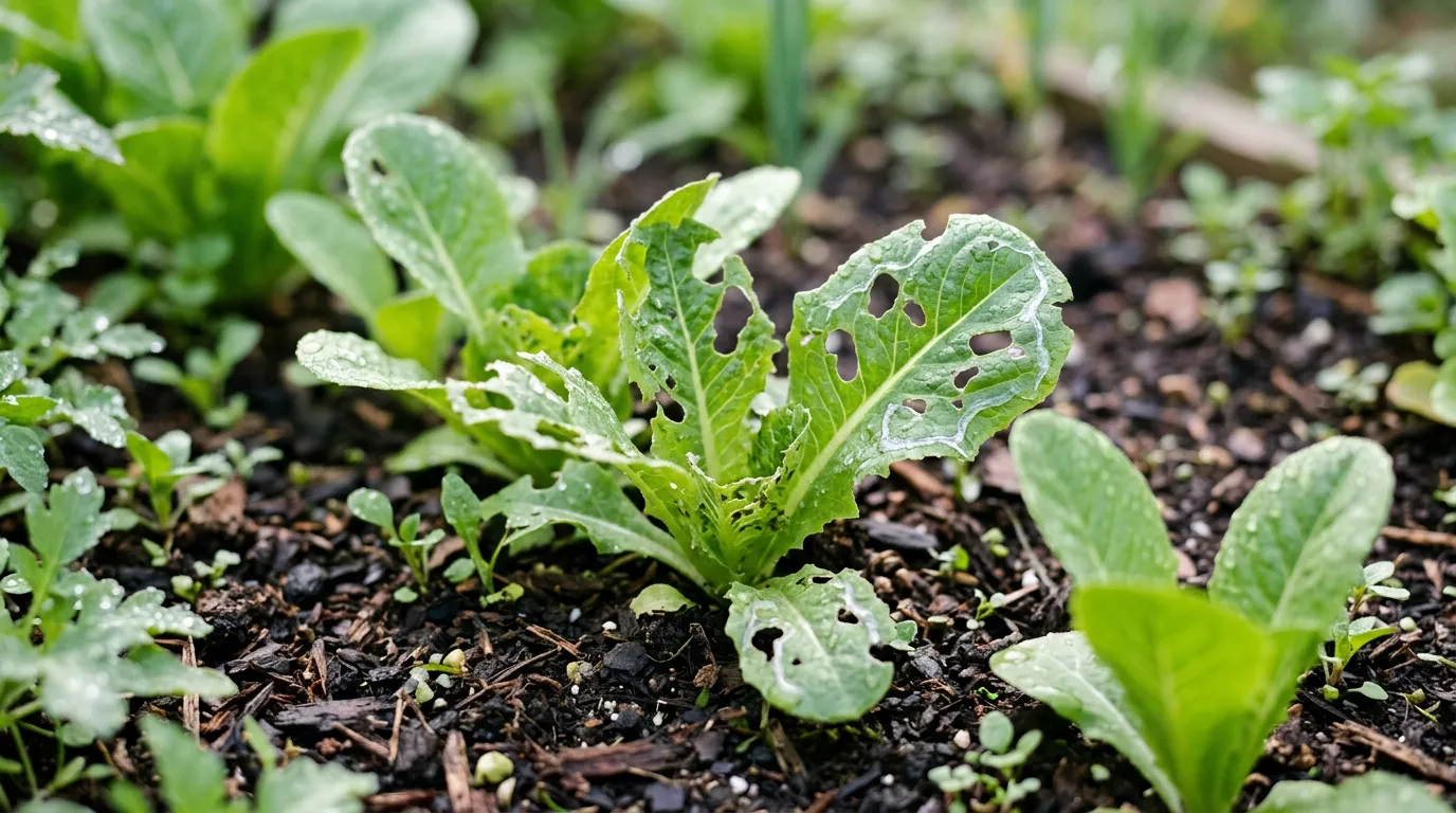 Close-up of slug damage on young lettuce leaves showing ragged holes and slime trails in morning dew
