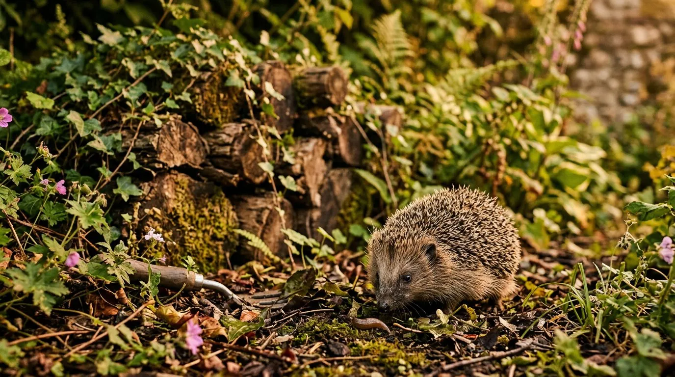 Natural slug predator hedgehog foraging in a garden at dusk near a log pile with ivy growing behind