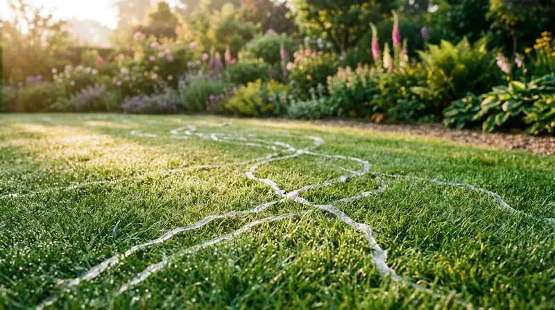 Silvery slug slime trails glistening across a green lawn in the low light of an early UK morning