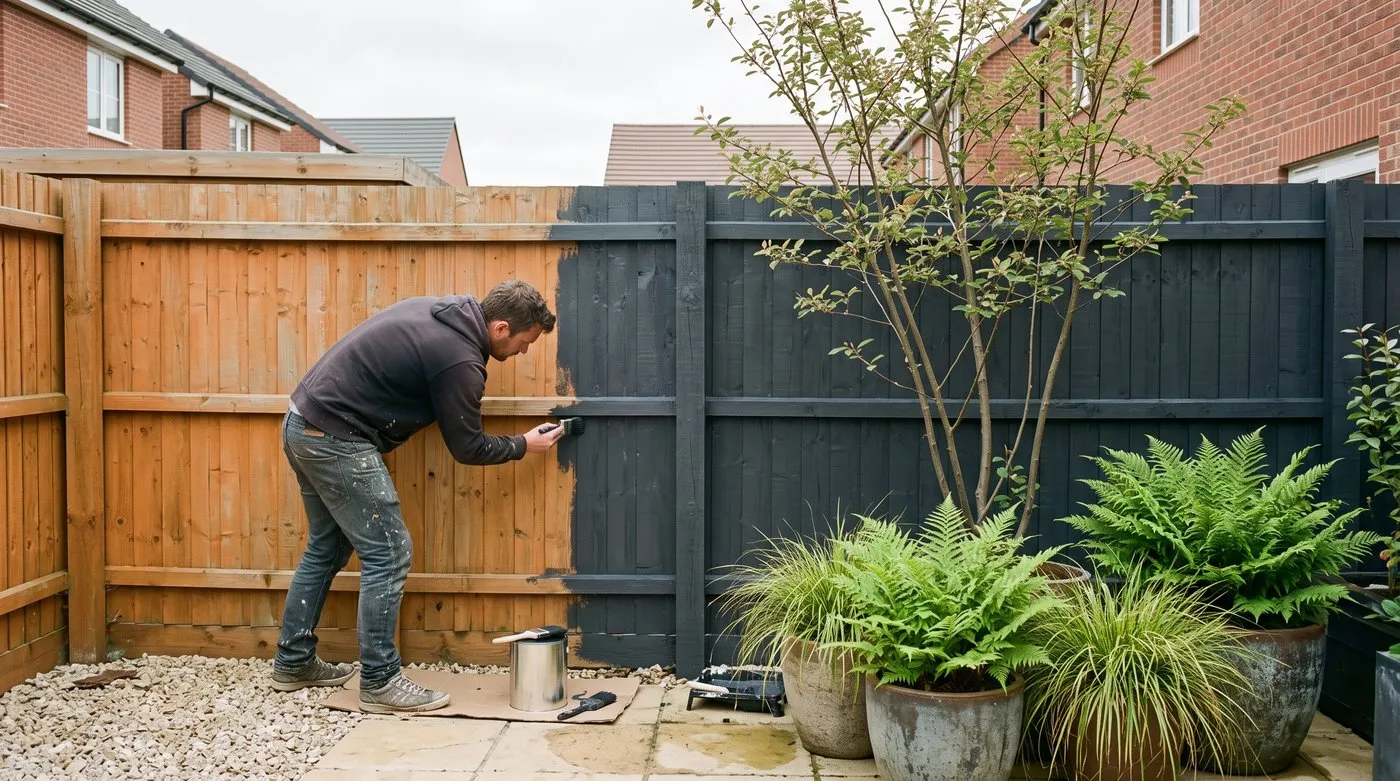 Man painting a small garden fence dark grey so the green plants in front stand out