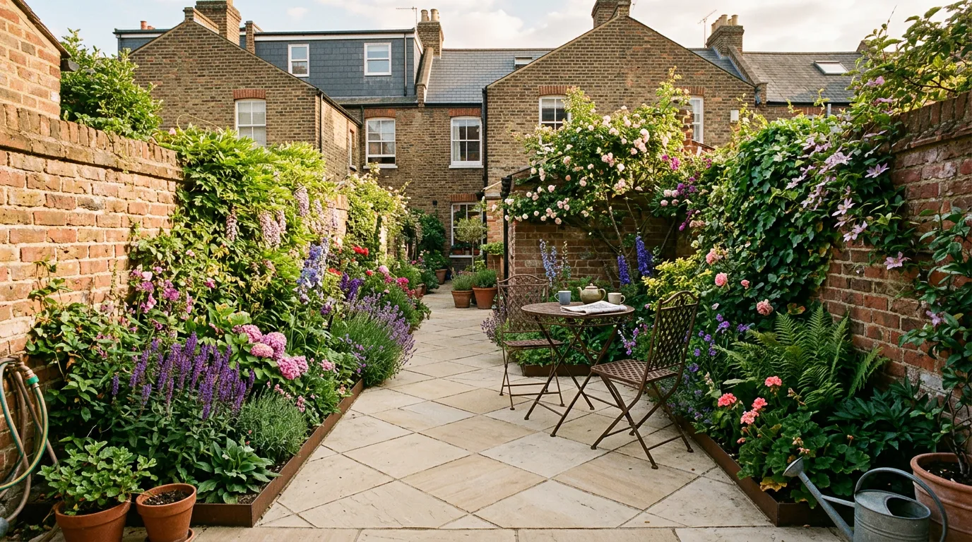 Small Victorian terrace garden with pale stone paving laid at a diagonal angle