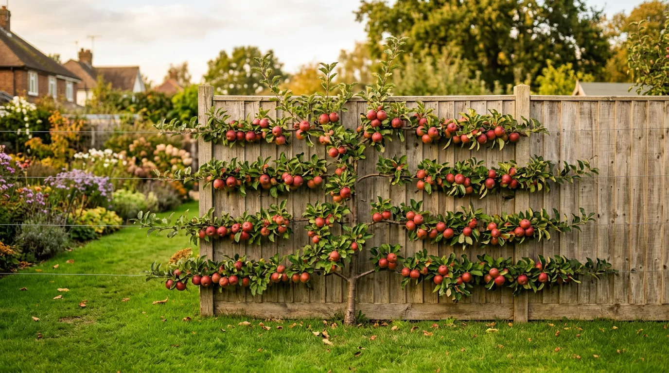 Espaliered apple tree trained flat against a sunny wooden garden fence laden with red apples