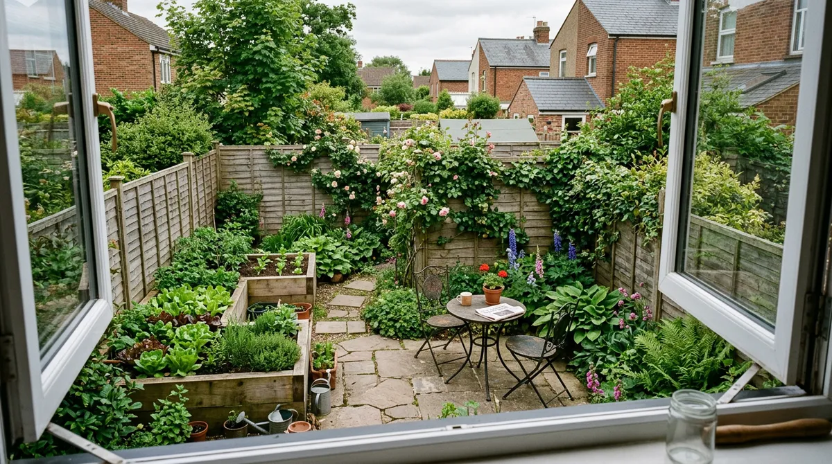 A small British back garden viewed from an upstairs window with raised beds, stone patio, and climbing roses