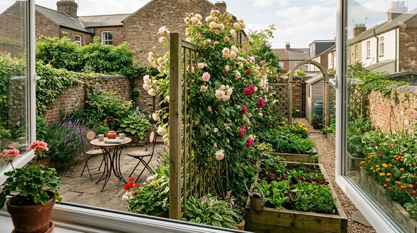 Small garden with a trellis screen and climbing roses dividing the space into zones