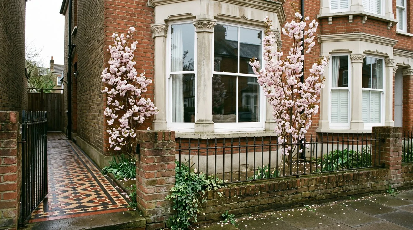 Narrow upright Amanogawa cherry tree in pale pink blossom in a small UK terraced front garden