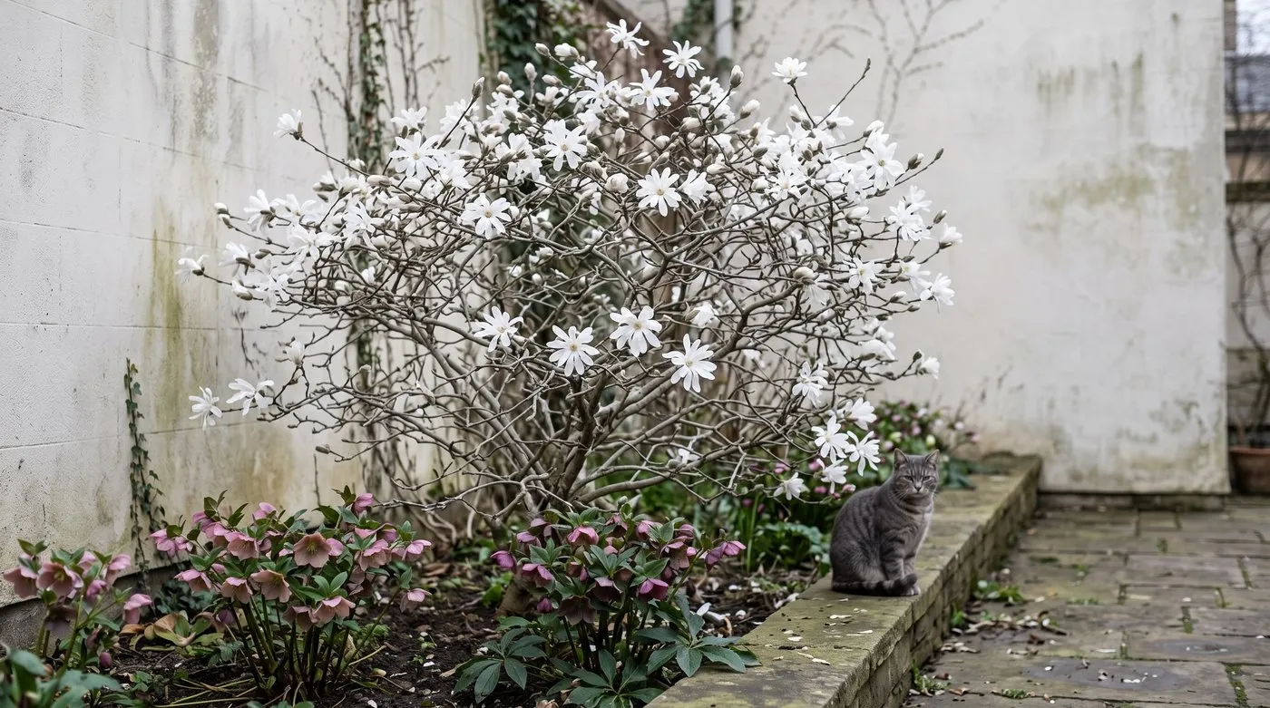 Star magnolia in white starry flower on bare branches in a small UK courtyard, with a tabby cat on the wall