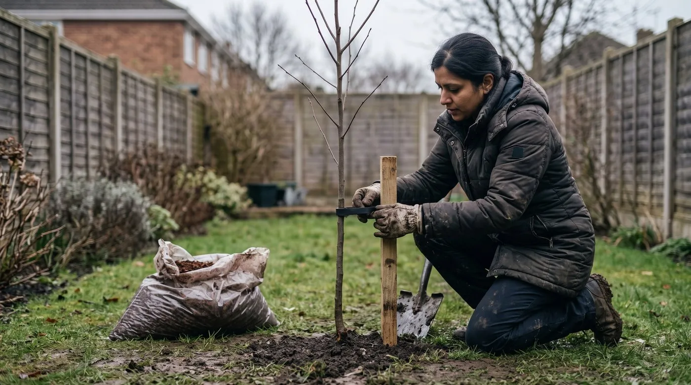 Woman fixing a rubber tree tie between a short stake and a newly planted small garden tree in winter