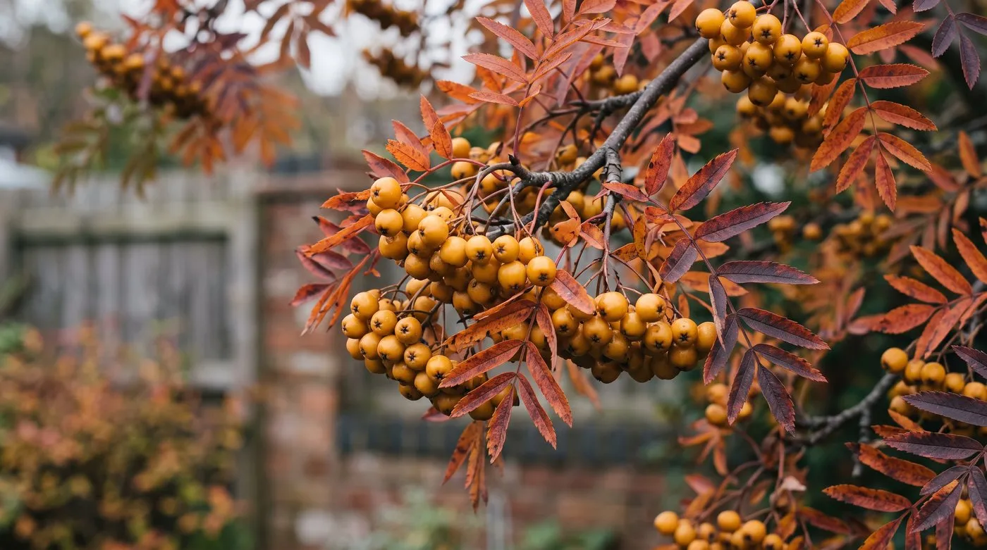 Amber-yellow berries and orange-red autumn leaves on a Sorbus Joseph Rock rowan in a small UK garden