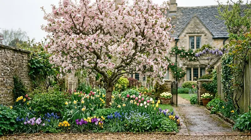Amelanchier lamarckii in full white spring blossom growing as a multi-stem tree in a small UK garden